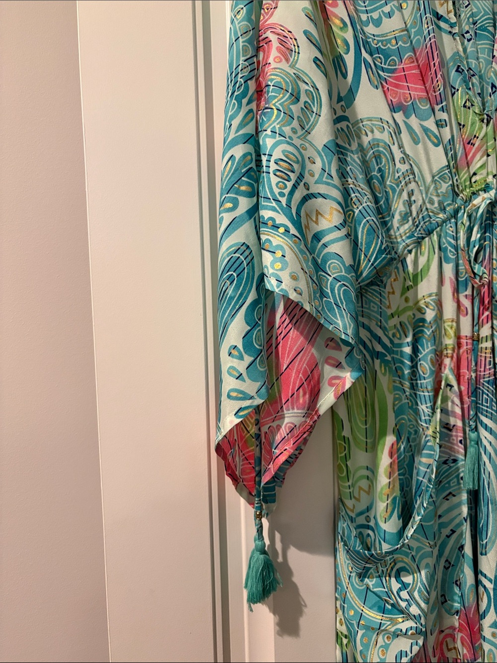 Women's Aqua Paisley Maxi Caftan Dress with Drawstring - Picture 4 of 6